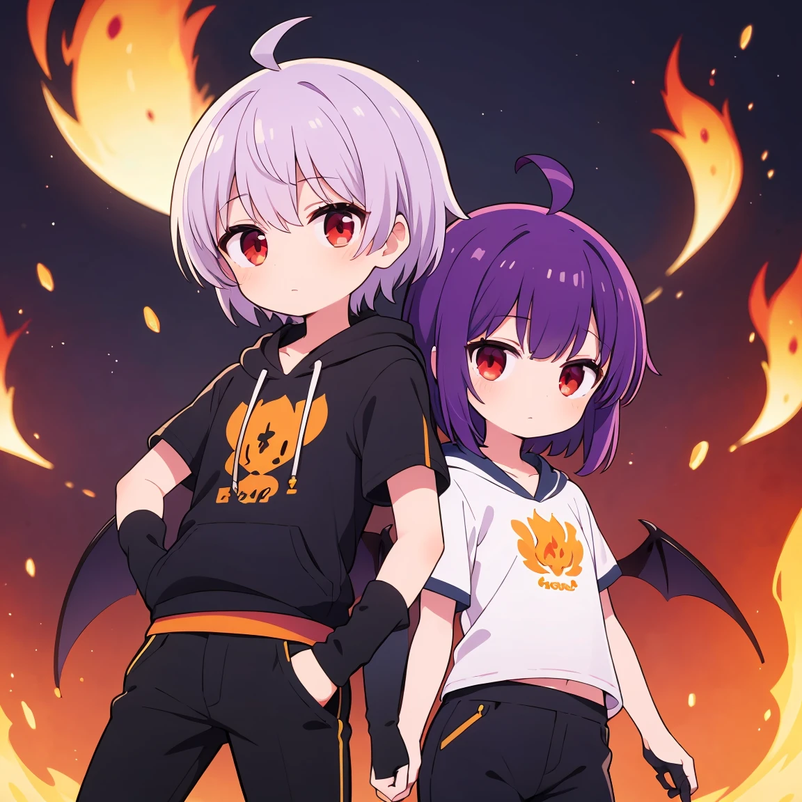 ((masterpiece, Highest quality, Very detailed)), Ahoge, Purple Hair, short hair, Red eyes, Black glove on one hand, Bat Wings, Indigo short sleeve hoodie, Black trousers, Manipulating the flames, boy, Mini character, An illustration