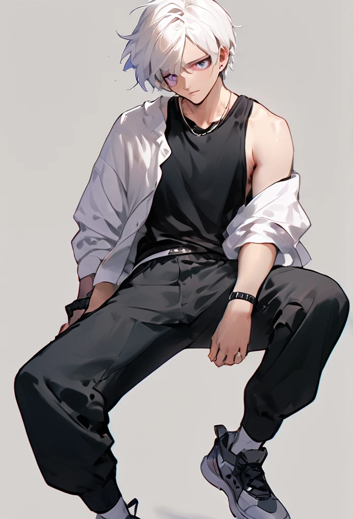 ((8k resolution masterpiece)) 1male, full body art, anime, Young adult, midnight purple eyes, wild short white hair, mid length white hair, defined dody, slim toned, light skin, casual expression, black tank top, black cargo pants, 