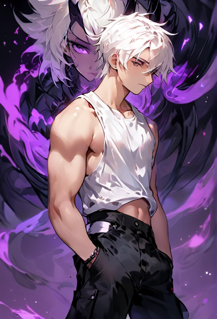 ((8k resolution masterpiece)) 1male, full body art, anime, Young adult, midnight purple eyes, wild short white hair, mid length white hair, defined dody, slim toned, light skin, casual expression, black tank top, black cargo pants, 