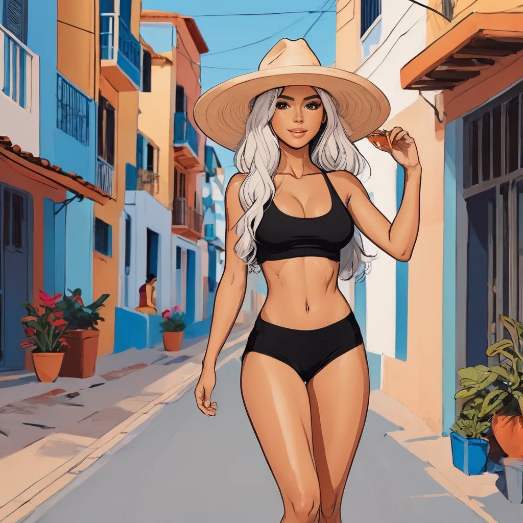 Beautiful latin american woman with tanned skin, freckles in her face, platinum blonde long hair, wearing a stylish beach outfit, minishorts, sunhat, (1 Girl), (Full Body), Beautiful face, smiling, taking herself a picture, ((Perfect face)), ((hyper bronze skin)), ((tan skin)), natural light, beautiful lighting, beautiful colors, semi realistic style, ((Beautiful detailed eyes)), ((Beautifull detailed face)), ((high detail)), ((High Definition)), (Flat Colors), (Celshading), (Illustration style), ((Lineart)), ((Perfect Lines))
