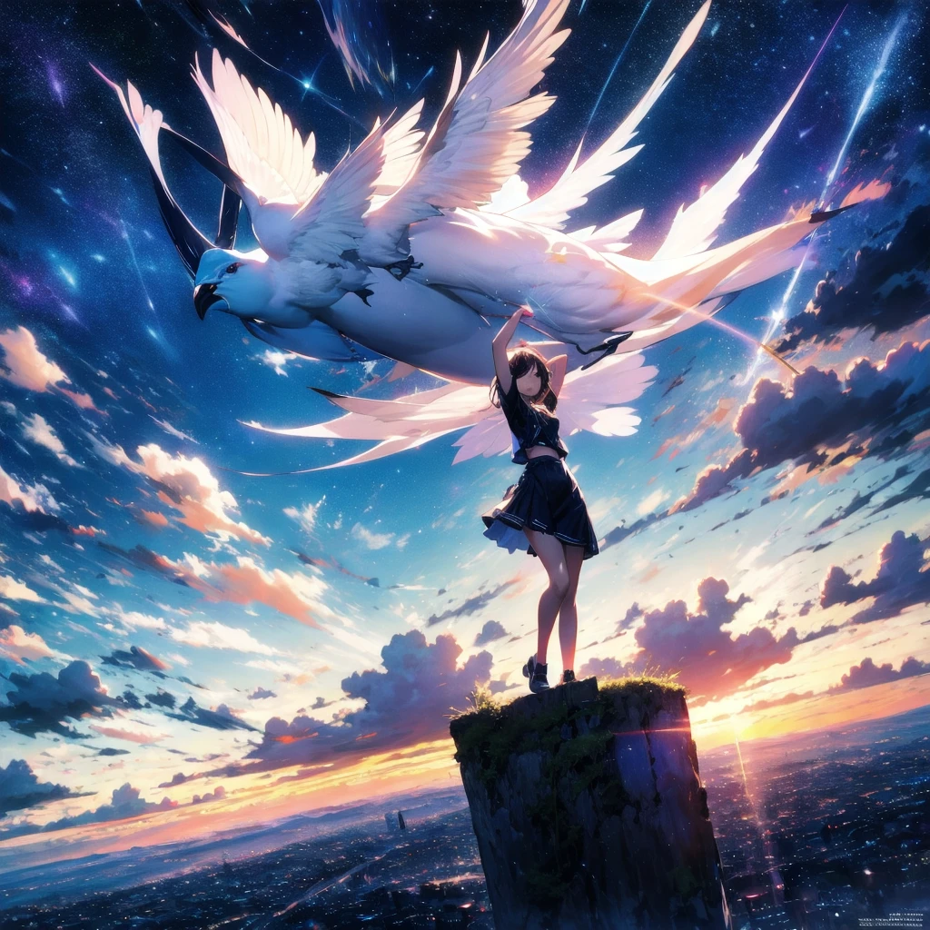 absurdres, highres, (official art, beautiful and aesthetic:1.2), close view, arm up from below
1girl, shining sky, vast world, gazing, awe-inspiring expression, distant horizon, clouds, high hill, natural beauty, inspiration, night sky, Shining Stars,
apstyle