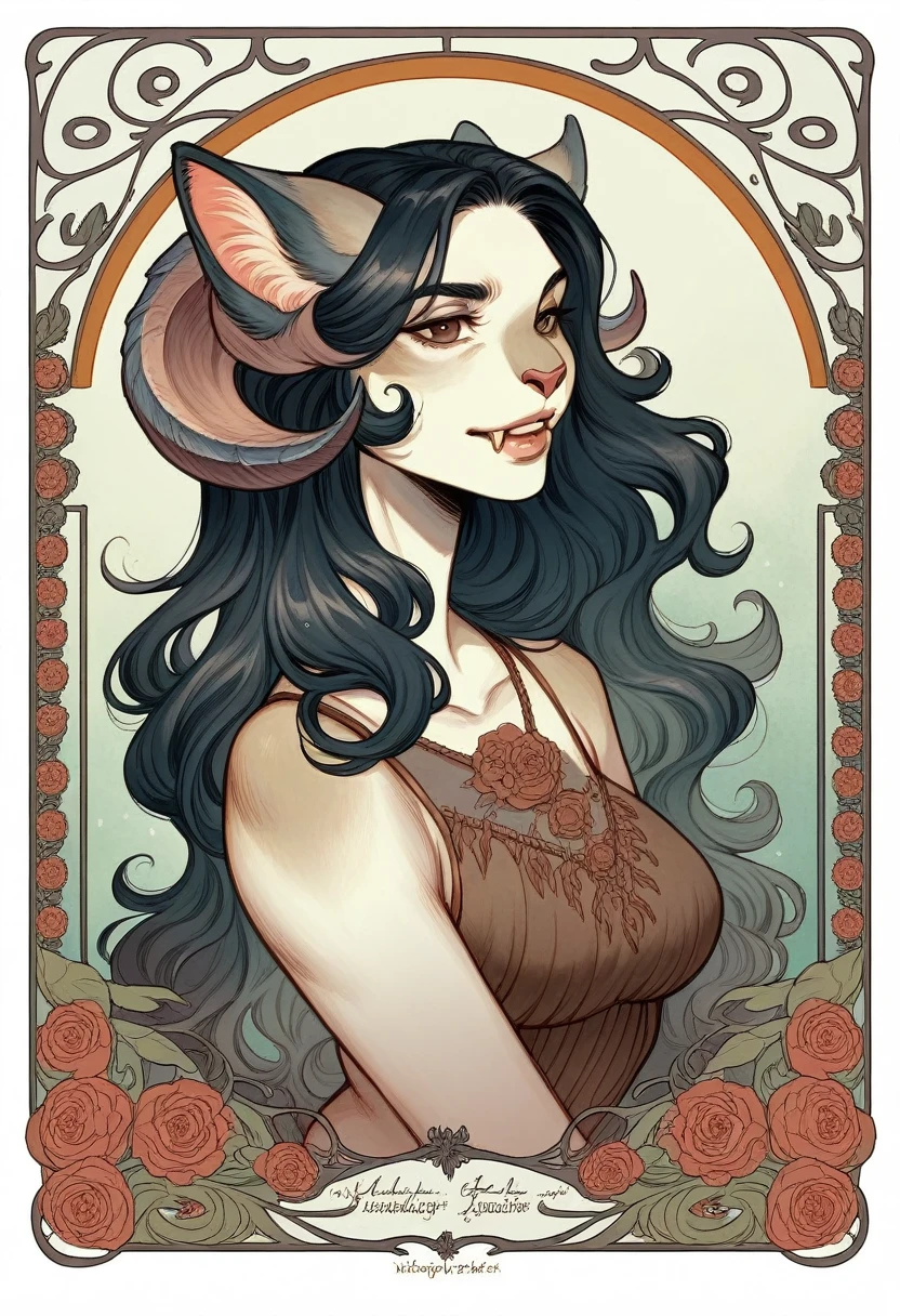 beautiful Anthropomorphic woman, long wavy black hair, brown eyes, cat ears and tail, fangs, horns, sexy, thick lips, medium bust, large thighs and buttocks, nouveau art style
watercolor style, strybk, full illustration, soft lighting, detailed face, concept art, muted colors