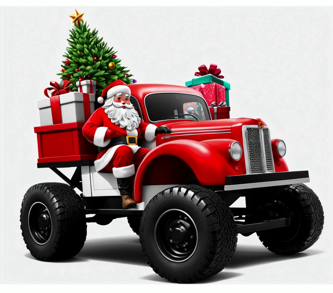 1girl, santa claus, santa claus driving a black and white truck, christmas tree on top of the truck, gifts on the truck, cartoon, intricate details, cinematic lighting, highly detailed, 8k, photorealistic, dramatic colors, dramatic lighting, winter landscape, snow, atmospheric