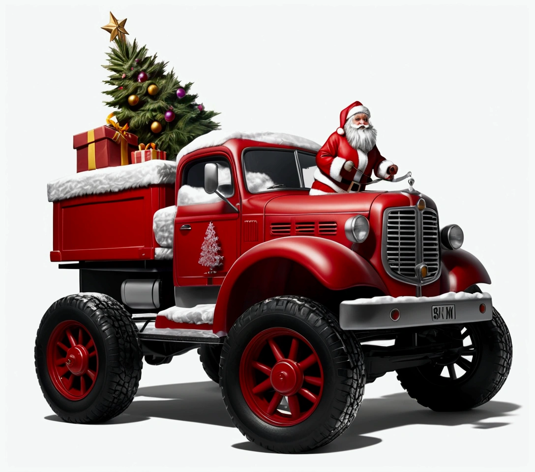 1girl, santa claus, santa claus driving a black and white truck, christmas tree on top of the truck, gifts on the truck, cartoon, intricate details, cinematic lighting, highly detailed, 8k, photorealistic, dramatic colors, dramatic lighting, winter landscape, snow, atmospheric