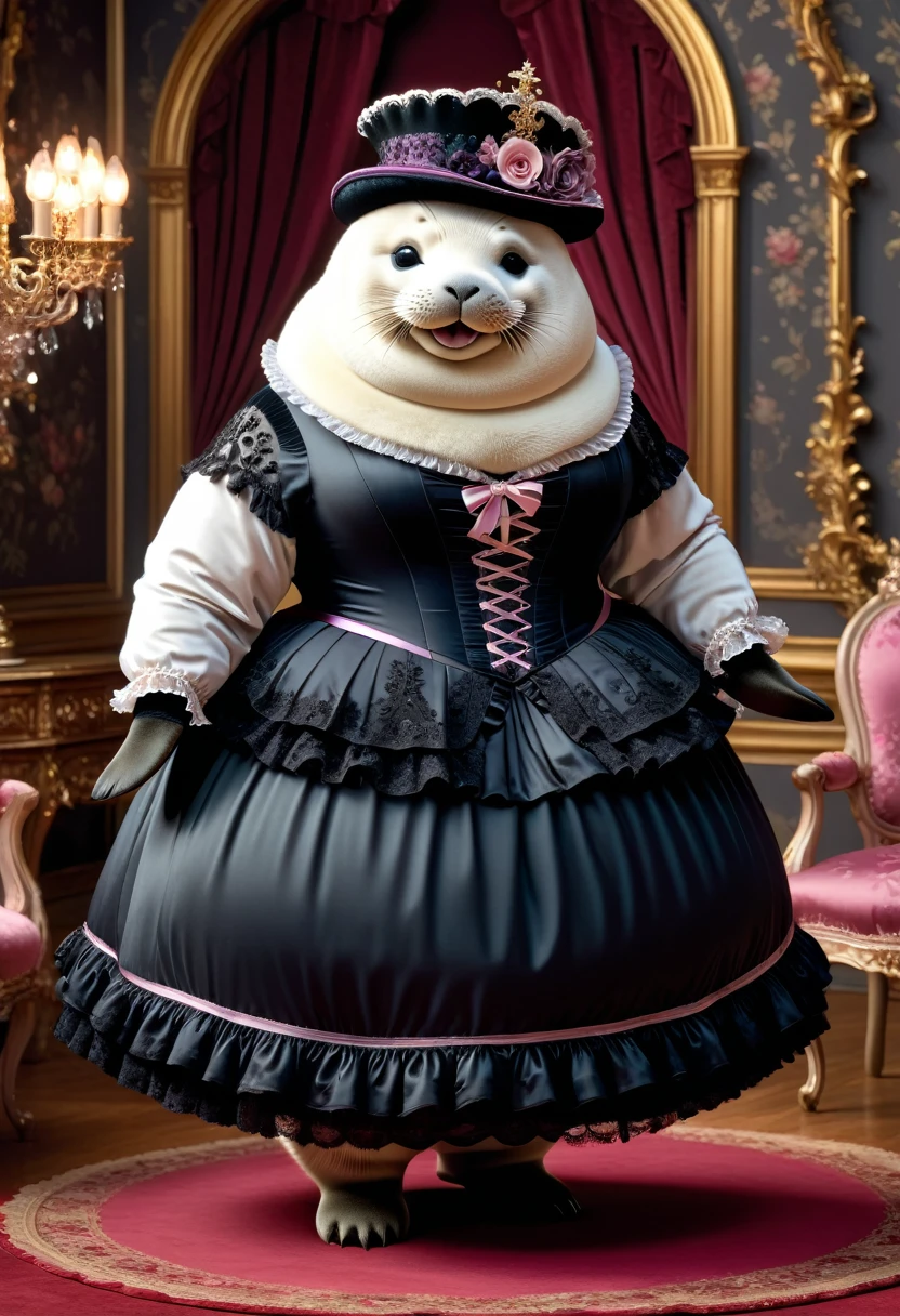  photorealistic portrait of Dressed animals-a ((fat)) ((seal)) princess,(furry), (elegant pose:1.5), (hands on hips:1.5),(smile:1.5),high quality,(),(lovely) ,intricate details, Wearing Gothic & Lolita dress , ( brim on head), highly detailed ((dress with  frills and ribbon)) ,highly detailed accessories, high sox , (happy), soft lighting,(full body image:2.0),in  Rococo style room background,,score_9, score_8_up, score_7_up, score_6_up, score_5_up, score_4_up,