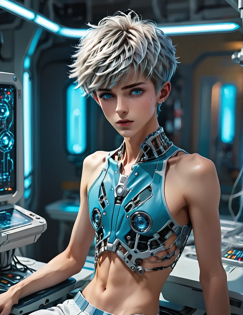 {{master piece}}, best quality, photograph of sexy twink in the process of being turned into a cyborg, on top of a futuristic operating table, ((exposed pectoralis muscles)), handsome detailed azure eyes, handsome boyish face, detailed cyberpunk lab, handsome detailed hair, wavy hair, handsome detailed street, mecha clothes, robot boy, cool movement , skinny twink body, {filigree}, futuristic lab background, {lightning effect}, ((detailed cyborg crop top armor)), mind control device on head, ((whole body image.))