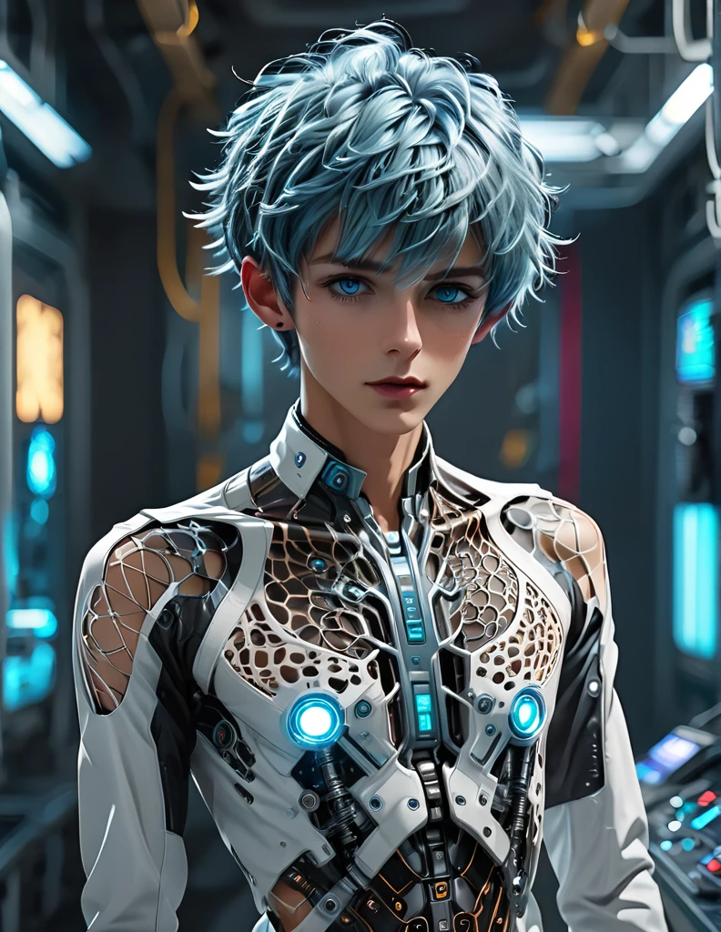 {{master piece}}, best quality, photograph of sexy twink in the process of being turned into a cyborg, on top of a futuristic operating table, ((exposed pectoralis muscles)), handsome detailed azure eyes, handsome boyish face, detailed cyberpunk lab, handsome detailed hair, wavy hair, handsome detailed street, mecha clothes, robot boy, cool movement , skinny twink body, {filigree}, futuristic lab background, {lightning effect}, ((detailed cyborg crop top armor)), mind control device on head, ((whole body image.))