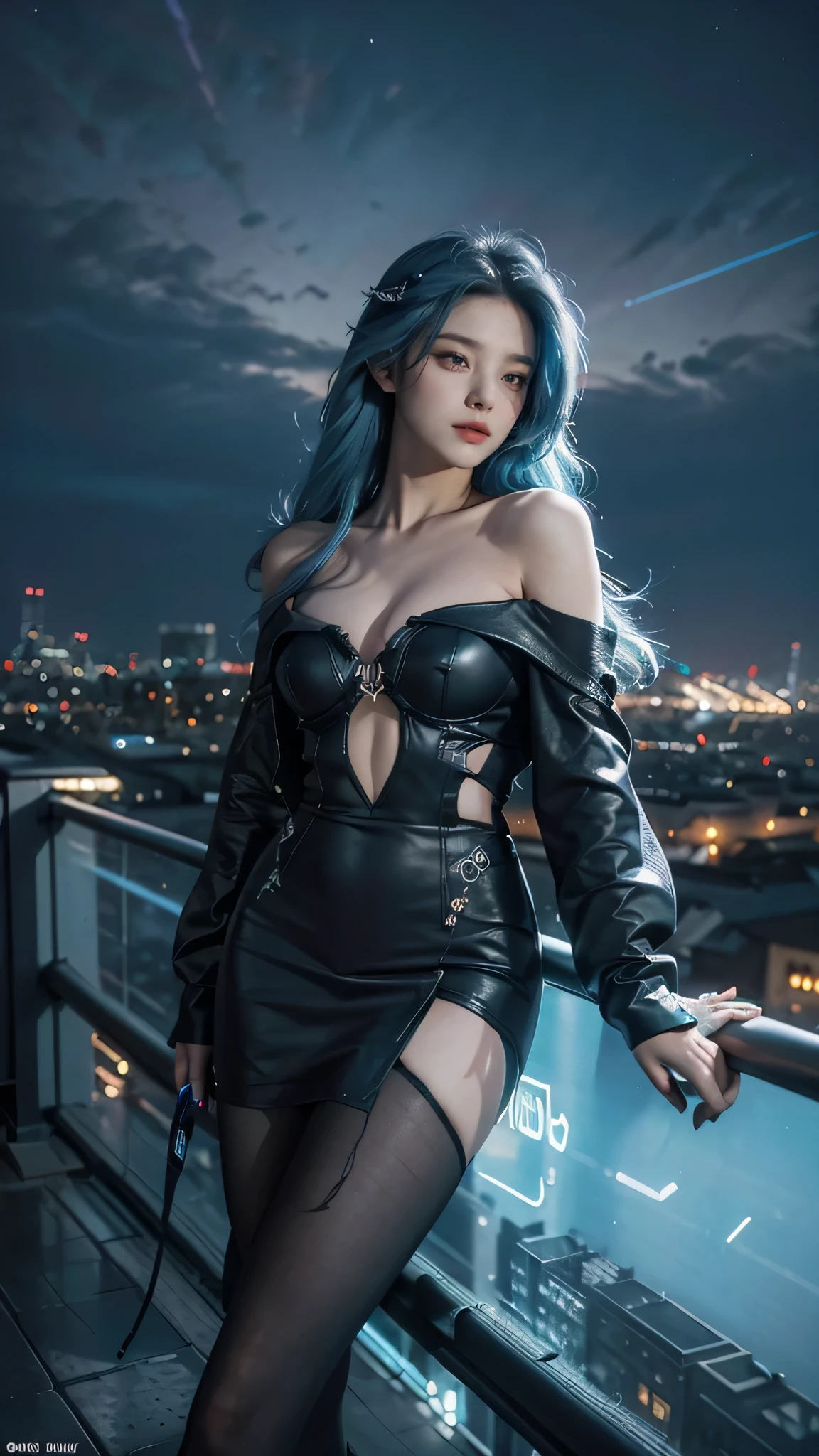 (masterpiece), best quality, ultra high res,, cyberpunk 1girl flying above stunning cityscape ,hoodie,blue hair,  neon color shooting stars, very long hair, off shoulder, feather hair ornament, neon colors, flashes, stunning night sky, cinematic lighting, photorealistic, realistic skin, HDR,fisheye