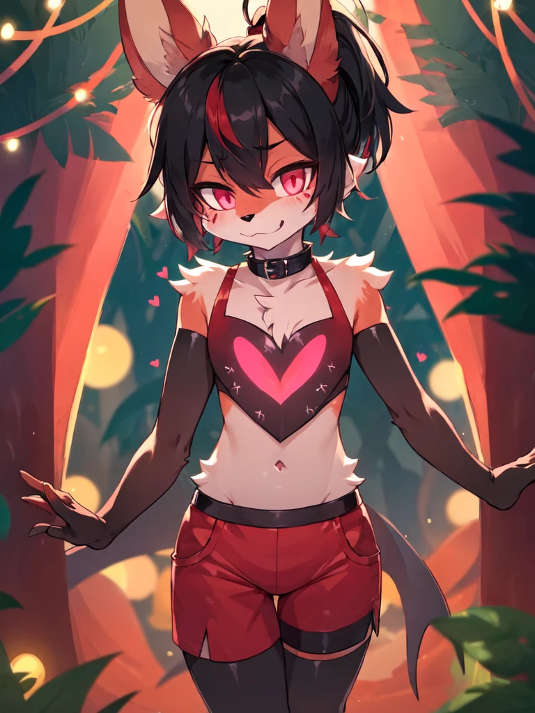 (furry:1.5), rabbit male, pink eyes, red skin, black hair, black short hair ponytail, ears covered by hair, female appearance, black hand, bunny black bare feet, Heart-shaped mark on chest, (ultra detailed), shy, soft, (detailed fur:1.2), beautiful lights and shadows, sharp focus, looking at viewer, (body fur:1.2), (masterpiece), demon elements on body, (Depth of Field), (detail), red hairpin, rubber collar, dolphin shorts, bulge,  nude, with rich contrasting tones of black and red, handsome, normal body type, Acting cute, standing in the night forest, light magic, ((solo, The only person))