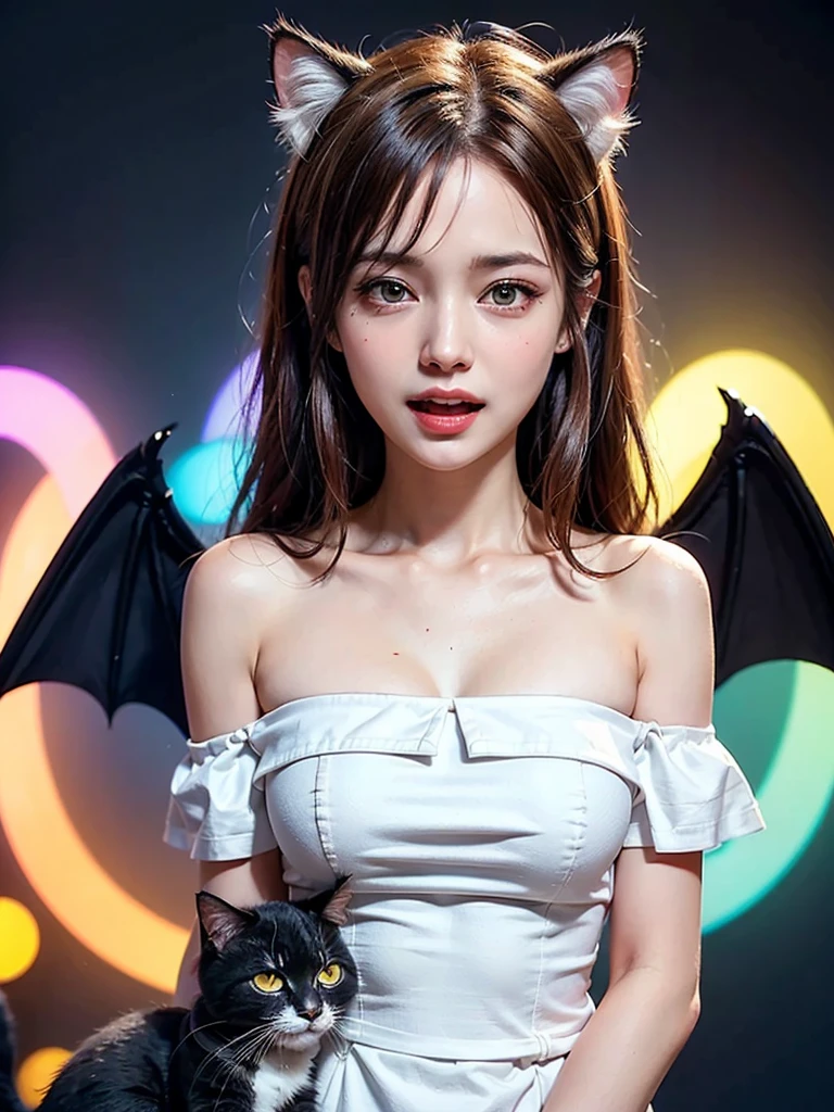 (Masterpiece, best quality), ((1 girl, (mature woman) long hair), (star shaped pupil,  +_+, student with symbol shape, sparkling eyes), (cat ears, open mouth open)), (look at viewer, Smiling softly, off shoulder), (abstract, colorful background, abstract background, Chromatic aberration), vampire, blood on face, Blood on clothes, Bat Wings