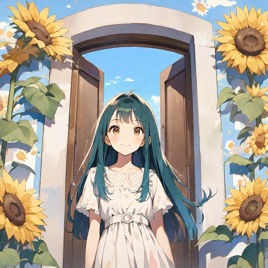solo,handsome, Water color ,
1. Female,
,Straight Hair,long Hair,GLAY hair,
Kazuka Nakano ,
brown eyes,Soft look,
beautiful,Lolita,
smile,skin, Blue sky, entrance cloud,
casual dress,
simple background ,Face up,
sunflower background,icon,