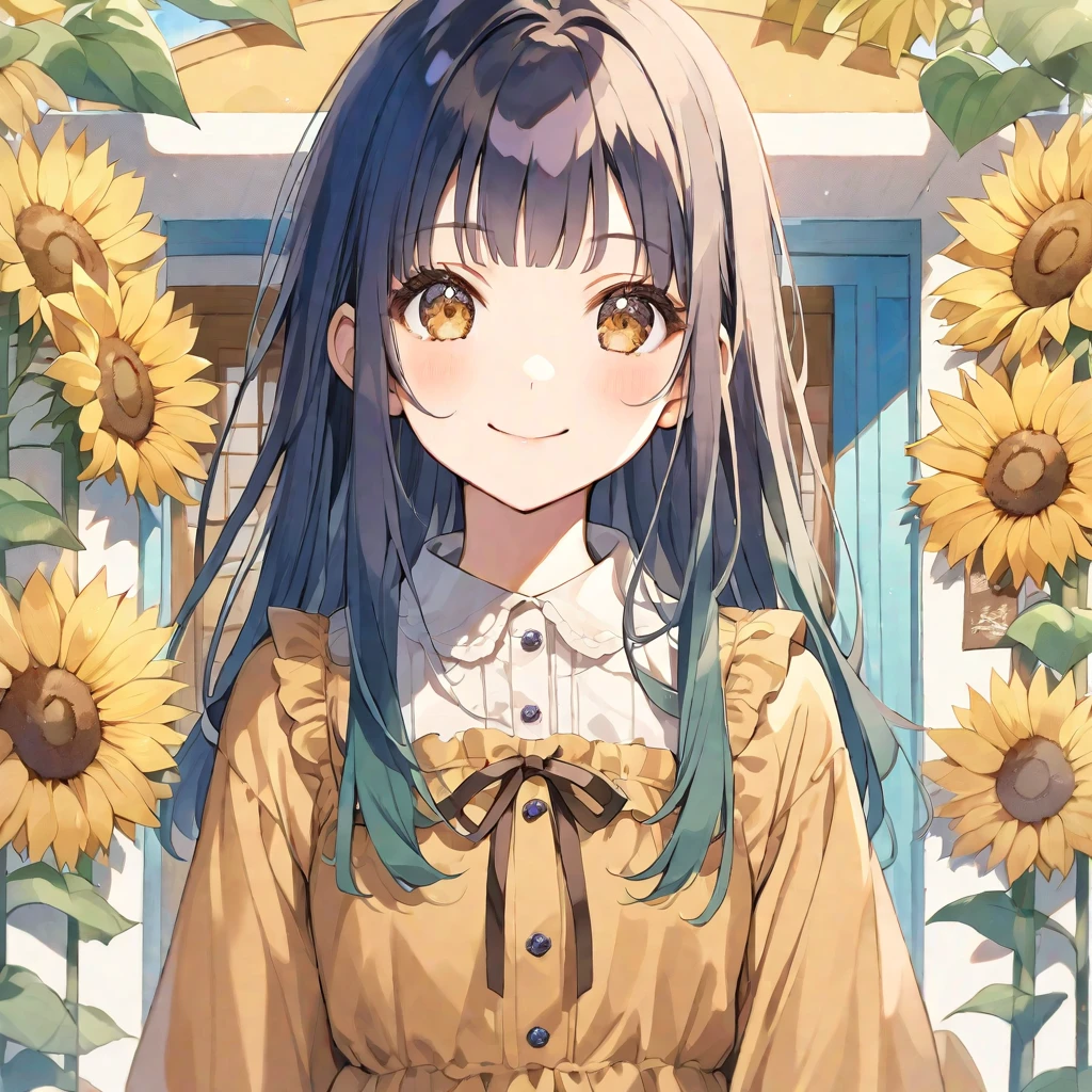solo,handsome, Water color ,
1. Female,
,Straight Hair,long Hair,GLAY hair, 
Kazuka Nakano ,
brown eyes,Soft look,
beautiful,Lolita,
smile,skin, Blue sky, entrance cloud,
 casual dress, 
simple background ,Face up,
sunflower background,icon,