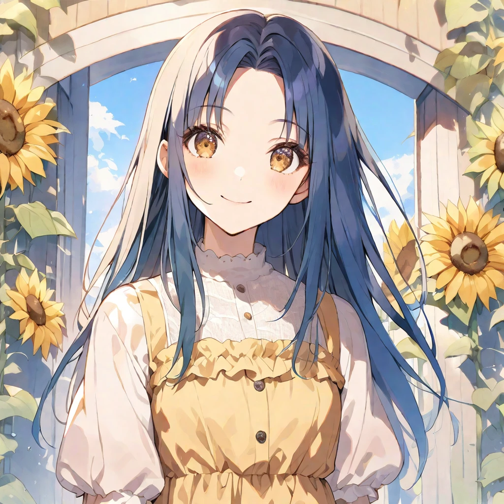 solo,handsome, Water color ,
1. Female,
,Straight Hair,long Hair,GLAY hair, 
Kazuka Nakano ,
brown eyes,Soft look,
beautiful,Lolita,
smile,skin, Blue sky, entrance cloud,
 casual dress, 
simple background ,Face up,
sunflower background,icon,