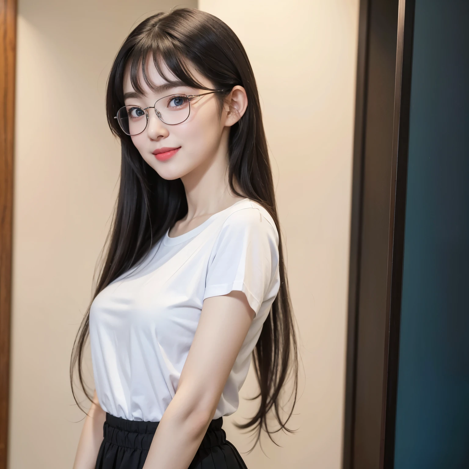 (Best quality, masterpiece, detailed), (RAW, 4k, hd images), shy, 1 girl, , white skin, long hair, ponytail, layers hair, bangs, black hair, beautiful girl, cute girl, sweet girl, pretty girl, perfect girl, pretty eyes, blue eyes, thin lips, thin, eye line, perfect round breast, glasses(detailed frame), simple background, smile, waist, hips, tshirt clothes, random angle capture, half body, side breast