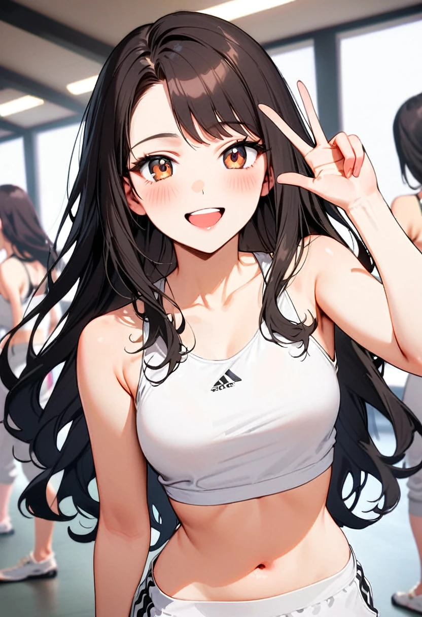 A young woman, 18-years-old, solo, Korean, (long wavy black hair, no bangs:1.1), brown eyes, white tank top, midriff, white baggy sweatpants, playful smile, cheerful, mature face, dance studio, holding up a v-sign