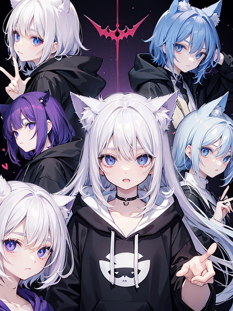 Cat ear、Androgynous and cute face、White skin、vampire、Silver Hair、Oversized hoodie、Odd Eye
