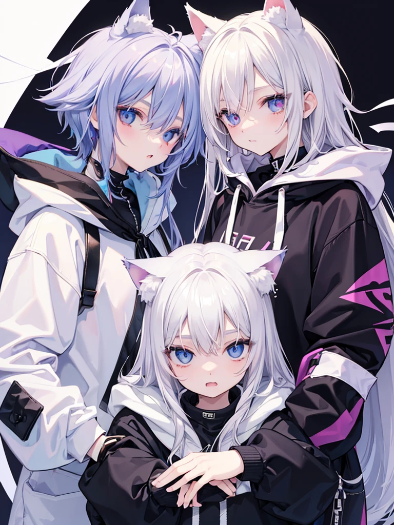 Cat ear、Androgynous and cute face、White skin、vampire、Silver Hair、Oversized hoodie、Odd Eye