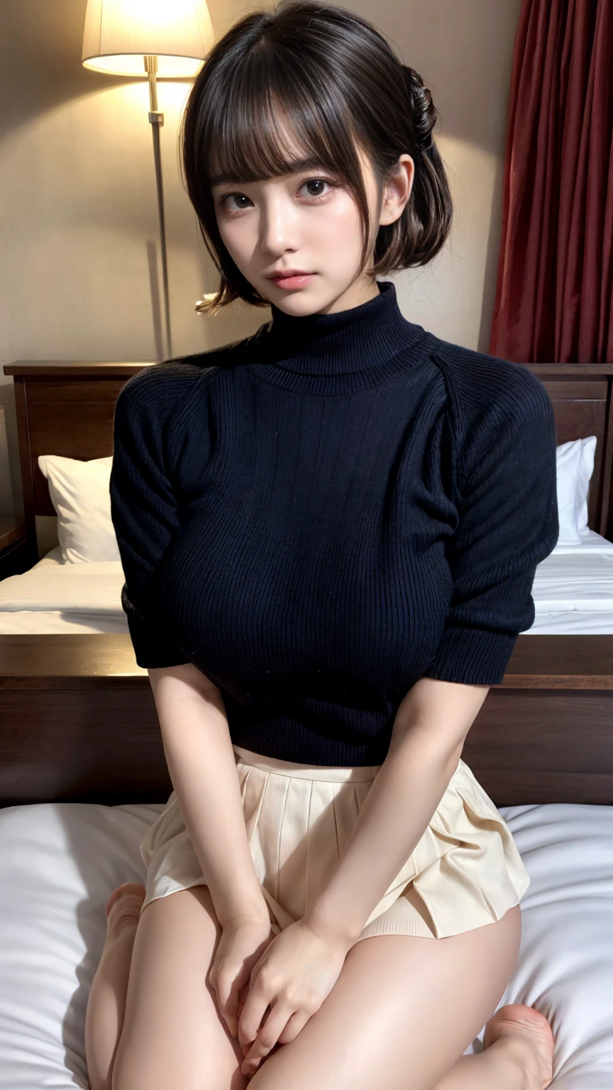 muster piece, best quality, illustration, Super detailed, fine details, High resolution, 8K,wall paper, perfect dynamic composition,(Details High quality, realistic depiction of eyes:1.3), (updo), white turtleneck sweater, pleated skirt, short bob hair、black hair color, Big Natural Color Lip, bold sexy pose, crying a little、cold gaze, Harajuku style、acrobatic pose, 20 year old girl、cute type、lolita、beautiful legs, hotel room, gravure idol, Voluptuous thighs, huge breasts
