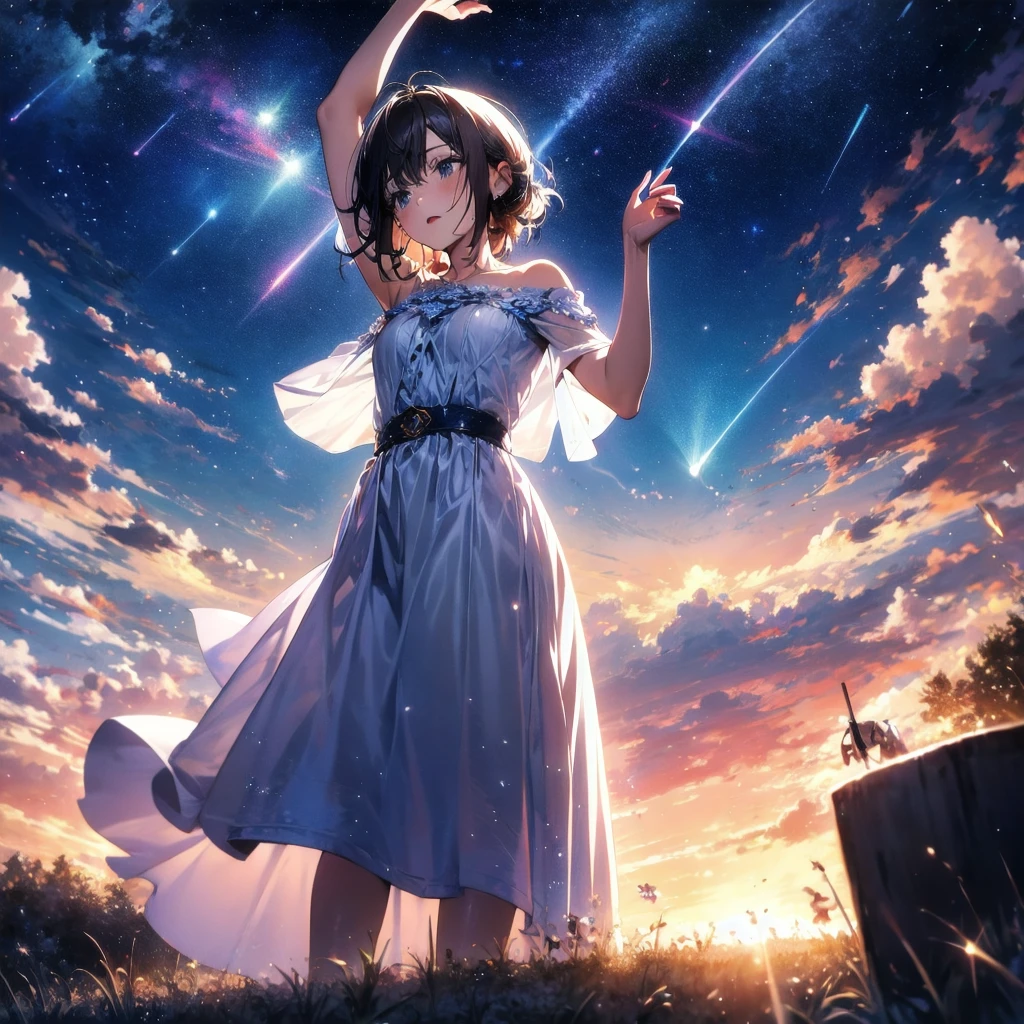 absurdres, highres, (official art, beautiful and aesthetic:1.2), close view, arm up from below
1girl, shining sky, vast world, gazing, awe-inspiring expression, distant horizon, clouds, high hill, natural beauty, inspiration, night sky, Shining Stars,
apstyle