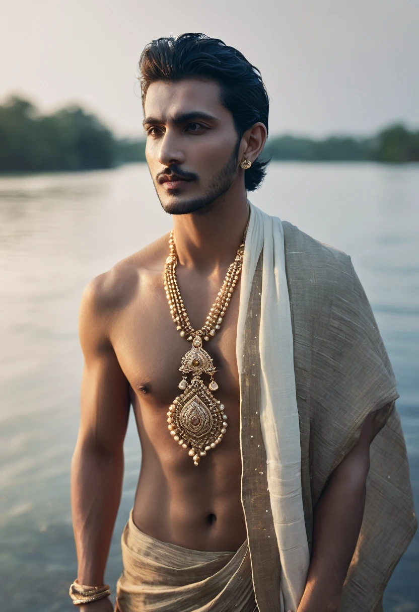 realist, Masterpiece, intricate details, detailed background, depth of field, handsome man, , altheletic body, fair skin, wearing jewellery, wearing dhoti, standing in water, 4k