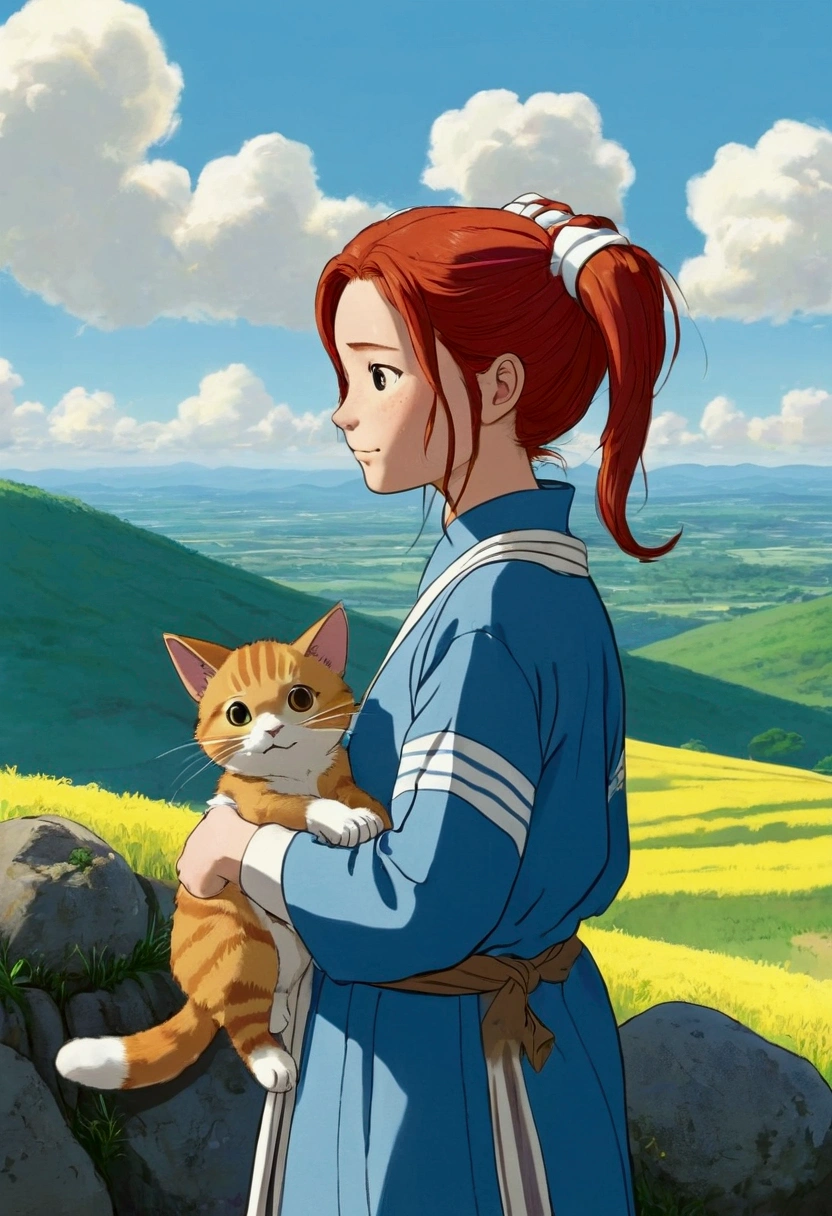 A young woman around 18 years old with shoulder-length red hair, wearing a long-sleeved blue outfit with a white symbol on the chest. She stands with her arms outstretched. On her shoulder is a small, cute creature resembling a cat with long ears, and it has yellow and dark brown stripes. The background features a vast, serene landscape with tall stone mound structures and a clear sky. The scene should be illustrated in the style of a Ghibli animation, capturing the same calm and detailed atmosphere.描いて