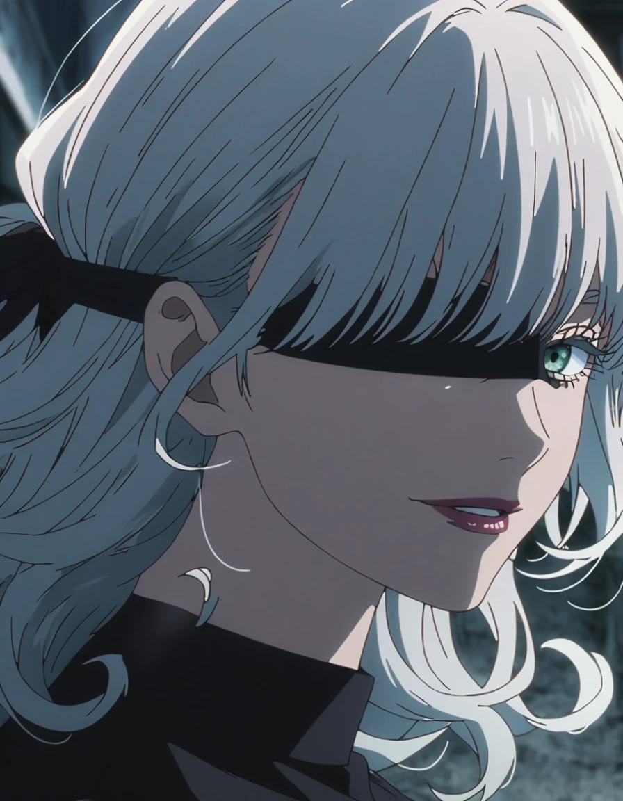 1girl, female gojo satoru, anime screencap from jujutsu kaisen, gojo satoru female version, solo, long_hair, (wearing black blindfolded), parted_lips, smiling, looking_at_viewer, side view, white_hair, bangs, eyelashes, face portrait, black_shirt, shirt, hair_between_eyes, floating hair, (curly hair)