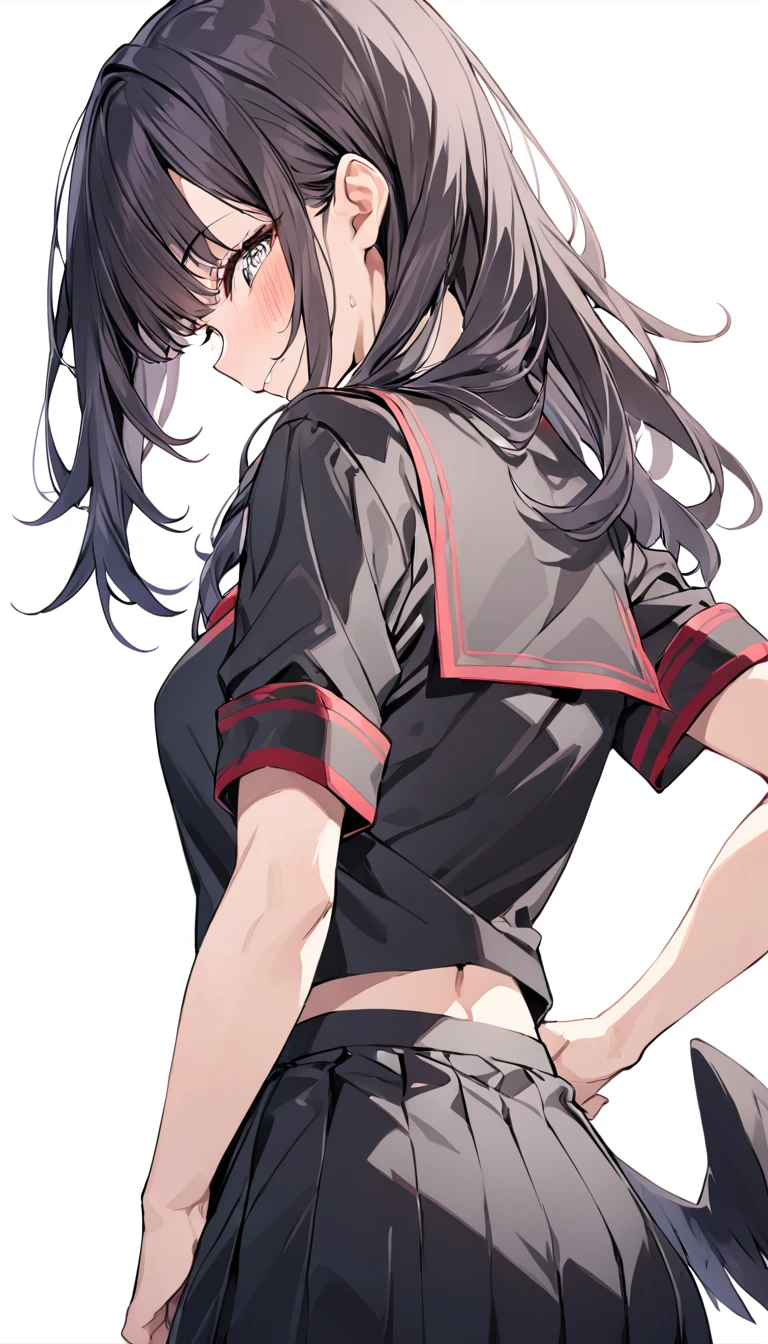 Ichika nakasama、1 solo girl, back view, mature teen, black sailor uniform, long black hair, white background