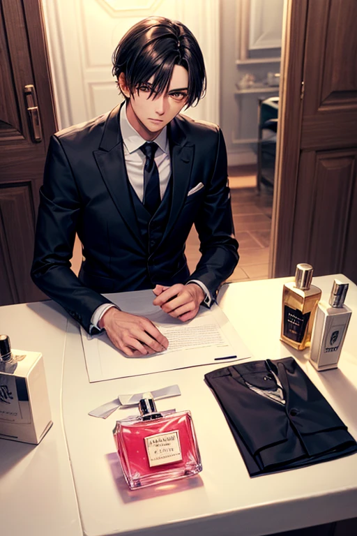 （（Tabletop））,Black-haired man, 30 years old, looking at the camera,Expressionless,Hazelnut Eyes,short hair,2 block hairstyle,Handsome face,Jacket,Suit pants
