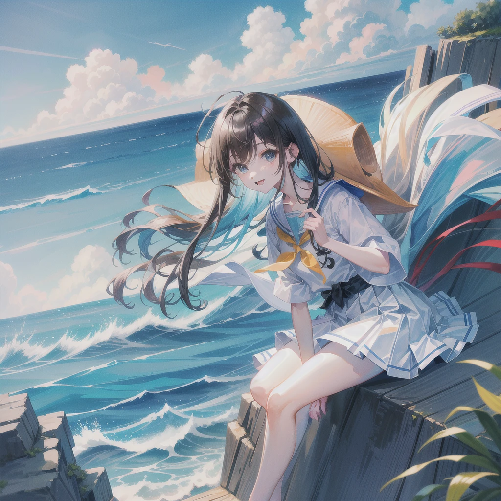((最high quality, 8k, masterpiece: 1.3, Ultra HD, high quality, 最high quality, High resolution, realism)) 、Very beautiful 18 year old Japanese 、I'm wearing a sailor suit、Wearing a navy blue pleated skirt、Wear loafers、Hair color is light brown、black eye、Medium Hair、Straight hair、smile、sit on a high breakwater on the beach、The blue sky is beautiful、There is a road in front of the breakwater...、The sea is beautiful、Beautiful horizon、 An island can be seen offshore、Entering the clouds above the horizon、Island Lighthouse