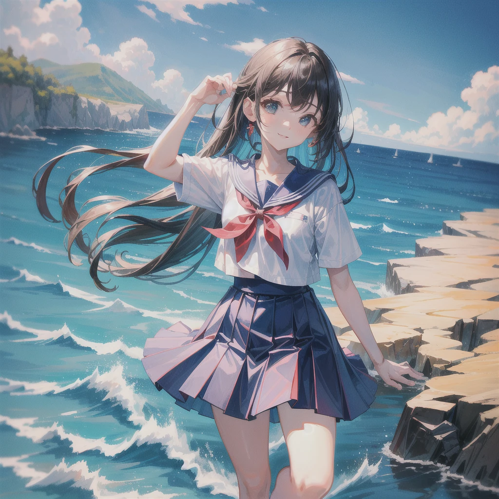 ((最high quality, 8k, masterpiece: 1.3, Ultra HD, high quality, 最high quality, High resolution, realism)) 、Very beautiful 18 year old Japanese 、I'm wearing a sailor suit、Wearing a navy blue pleated skirt、Wear loafers、Hair color is light brown、black eye、Medium Hair、Straight hair、smile、sit on a high breakwater on the beach、The blue sky is beautiful、There is a road in front of the breakwater...、The sea is beautiful、Beautiful horizon、 An island can be seen offshore、Entering the clouds above the horizon、Island Lighthouse
