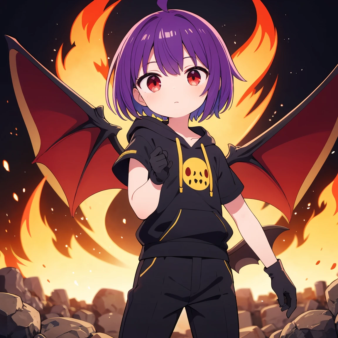 ((masterpiece, Highest quality, Very detailed)), Ahoge, Purple Hair, short hair, Red eyes, Black glove on one hand, Bat Wings, Indigo short sleeve hoodie, Black trousers, Manipulating the flames, boy, Mini character, An illustration, solo