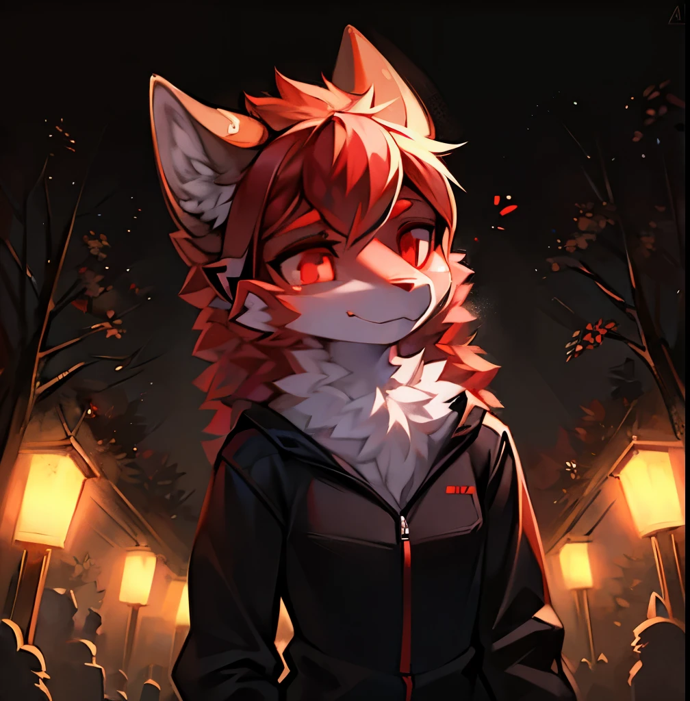 Wolf,furry,girl, White skin, and red eyes, In the forest under the lights, Dark and low light. She was wearing a black jumpsuit, Her eyes focused, Looking at the audience. Her skin is very fair, Her face is delicate and perfect, masterpiece, Highest quality artwork. This image is an extremely detailed 8K CG wallpaper, General tones with artistic lighting and neutral filters.