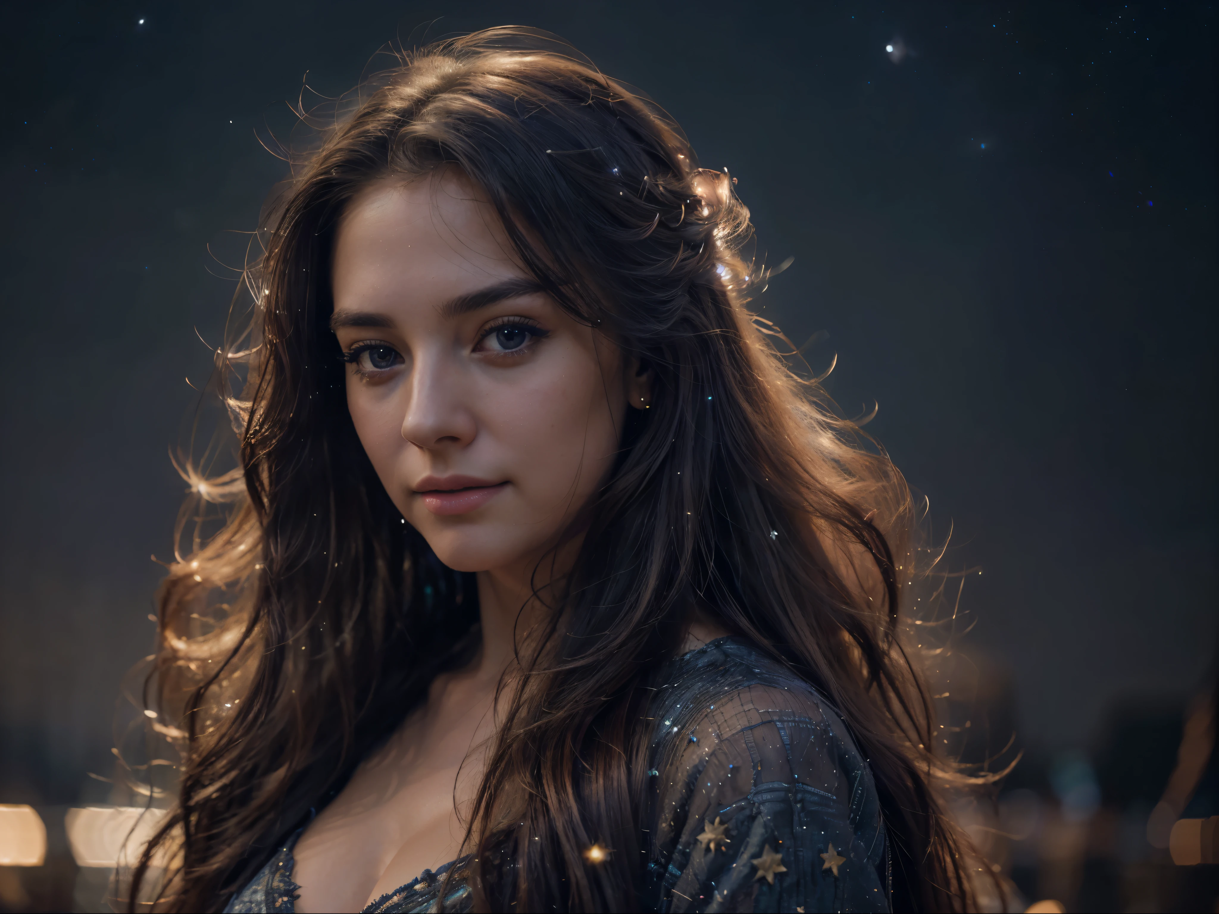 a beautiful detailed girl in a starry night sky, long flowing hair, dreamlike expression, (best quality,4k,8k,highres,masterpiece:1.2),ultra-detailed,(realistic,photorealistic,photo-realistic:1.37),intricate details,ethereal,glowing stars,galaxy background,cinematic lighting,vibrant colors,dramatic
