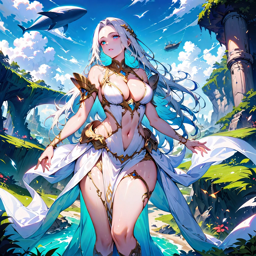 A fantastic and mysterious island,Ruins of an ancient civilization,Flying Ship,Flying Whale,(Highest quality,Extremely detailed depiction,Incredibly absurd high resolution,Anatomically accurate depiction,Nice hands, Perfect Fingers,Curvy Legs),(Glowing Skin,Shiny skin),A fantastic goddess in a gorgeous costume,There is cleavage in the chest,Glossy Lips,Sweat,Young beautiful woman,,Mysterious sight,Island Focus,Fantasy