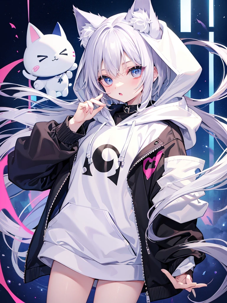 Cat ear、Androgynous and cute face、White skin、vampire、Silver Hair、Oversized hoodie