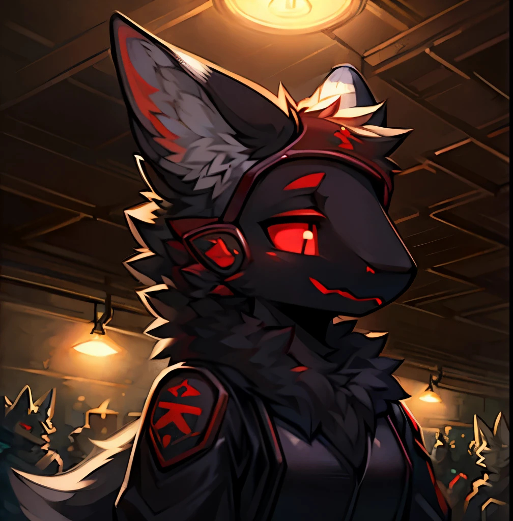 Wolf,furry,girl, White skin, and red eyes, In the forest under the lights, Dark and low light. She was wearing a black jumpsuit, Her eyes focused, Looking at the audience. Her skin is very fair, Her face is delicate and perfect, masterpiece, Highest quality artwork. This image is an extremely detailed 8K CG wallpaper, General tones with artistic lighting and neutral filters.