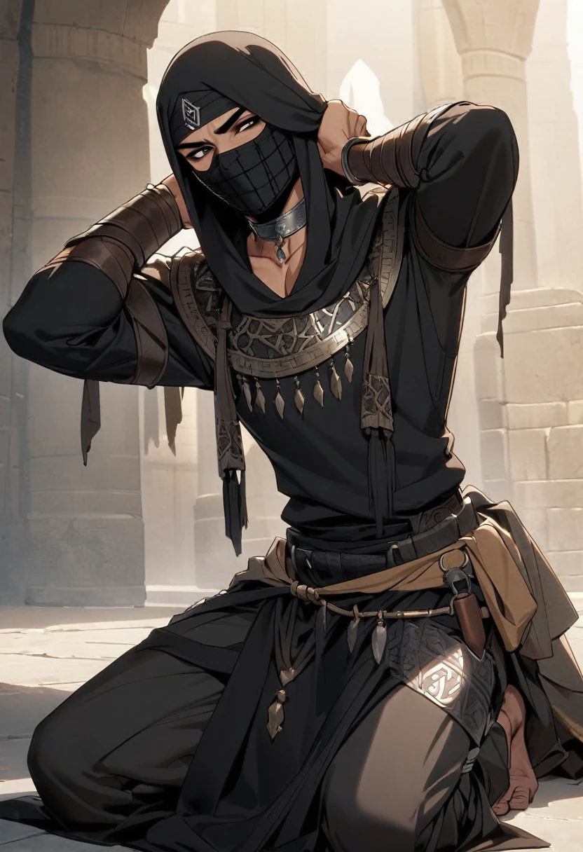 Male arab warrior, medivial, black balaclava, black bandage, black clothes, thin waist, makeup, black eyeliner, metal choker, light skin, kneeling, holds his hands behind his head,
