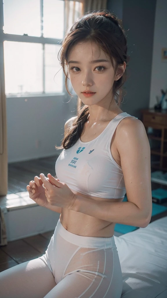 A beautiful athletic woman, wet white tight gym outfit, realistic, 4k ultra-detailed high quality, soft natural lighting, detailed facial features and body, photorealistic, studio lighting, vibrant colors, hyper realistic