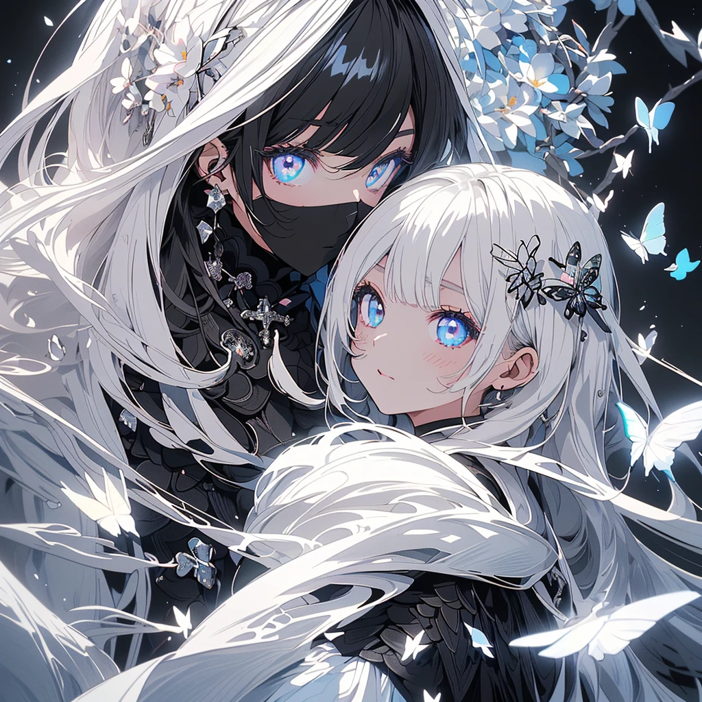 ((​masterpiece、top-quality:1.5、a high chroma:1.5、ultra-detailliert、high-resolution illustrations:1.5、Ultra-high-definition CG、8k size wallpaper、offcial art))、(2girls、twin princess sisters),(yuri),(cute face:1.5)、(clear face:1.3),(Shining eyes:1.5)
 ((black-only color schemeドレス:1.5)), ((white-only color schemeドレス:1.5)),(sexy body),(One is only black and the other is only white),(gypsy in contrasting colors),(), ((medium breasts))、
,(The background is a triple structure of bright colors, flowers of various colors, butterflies, and a pentagram,)、midjourney