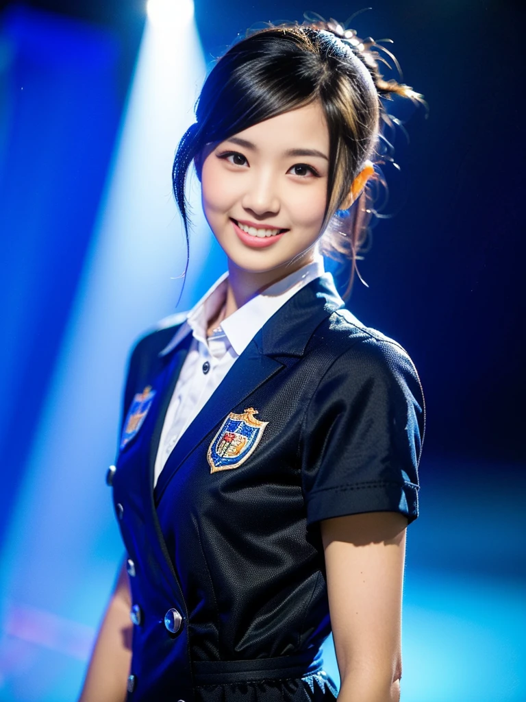 (1 youthful eurasian lady, early 20s, at an Aquarium, (((full bodyesbian))), ((Girls' High School Uniforms)), short_bob_hair_ponytail, Dimples, Friendly & Kind smile, snaggle-tooth, realistic skin textures, healthy body proportion, hyper-realism, photorealistic, beautiful detailed eyes, high contrast, ultra HD, top image quality, fine details, very meticulously, masterpiece, the_cowboy_shot, bokeh background, Serene Ambiance, LED blue light)