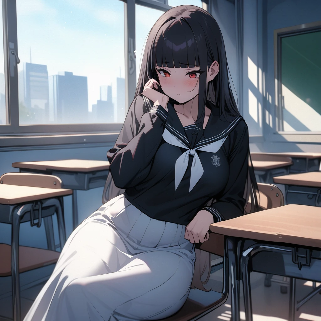 (masterpiece,best quality,very aesthetic),(ultra-detailed),(atlach-nacha,degenerate),1girl,20yo,Statuesque,curvy,tall,long hair, black hair,straight hair,(blunt bangs),beautiful red eyes,sleepy,Dimly,look down on with disdain,black serafuku in winter,long sleeves,(long skirt),white ribbon tie,daytime,Lazy afternoon sunlight,leather shoes,classroom,during class,hand on cheek,Elbows on the desk,sitting on chair,desk,chair,solo,looking away,cowboy shot