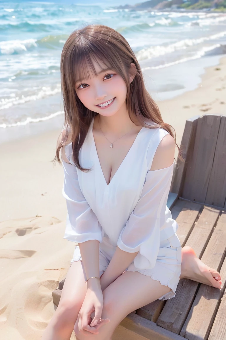 (Captured by a professional photographer:1.2), high quality, Realistic, Best image quality:1.3, (RAW Photos:1.1), Amateur models, (Accurate skeleton:1.2), (Attention to detail:1.1), , Japanese women,(Beach), (White blouse:1.2, hot pants:1.2),Off the shoulder, barefoot, Looking at the camera:1.1, look at the person you like, Gentle expression, Thighs are visible, Warm sunshine,(Detailed eyes:1.1), (Detailed hand), (Detailed feet), smile:0.2, Cleavage:0.2, Medium chest, Sweat:0.2, ((Smile with your mouth open,Perfect teeth,Perfect alignment of teeth,Perfect smile,A perfectly cute smile:1.0)),