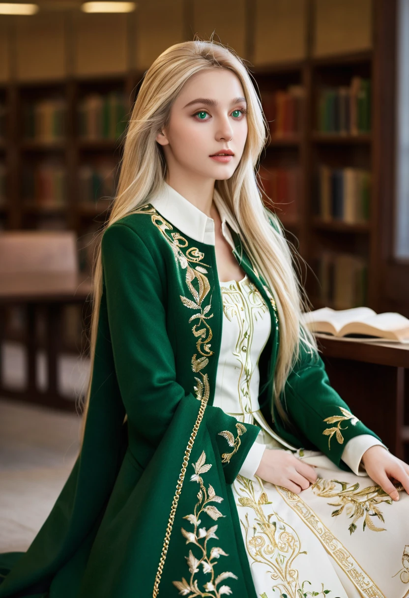 (((masterpiece, best quality, HD, High Detail)))), one, ((fantasy)))), (Elf Woman)))), (White and gold embroidered skirt), (Long straight blond hair), (Lustrous dark green eyes), (Green coat with gold embroidery), Large target, (((Royal Capital National Library)), (A lot of space,There are many books)), sitting in chair reading a book , Flying light particles