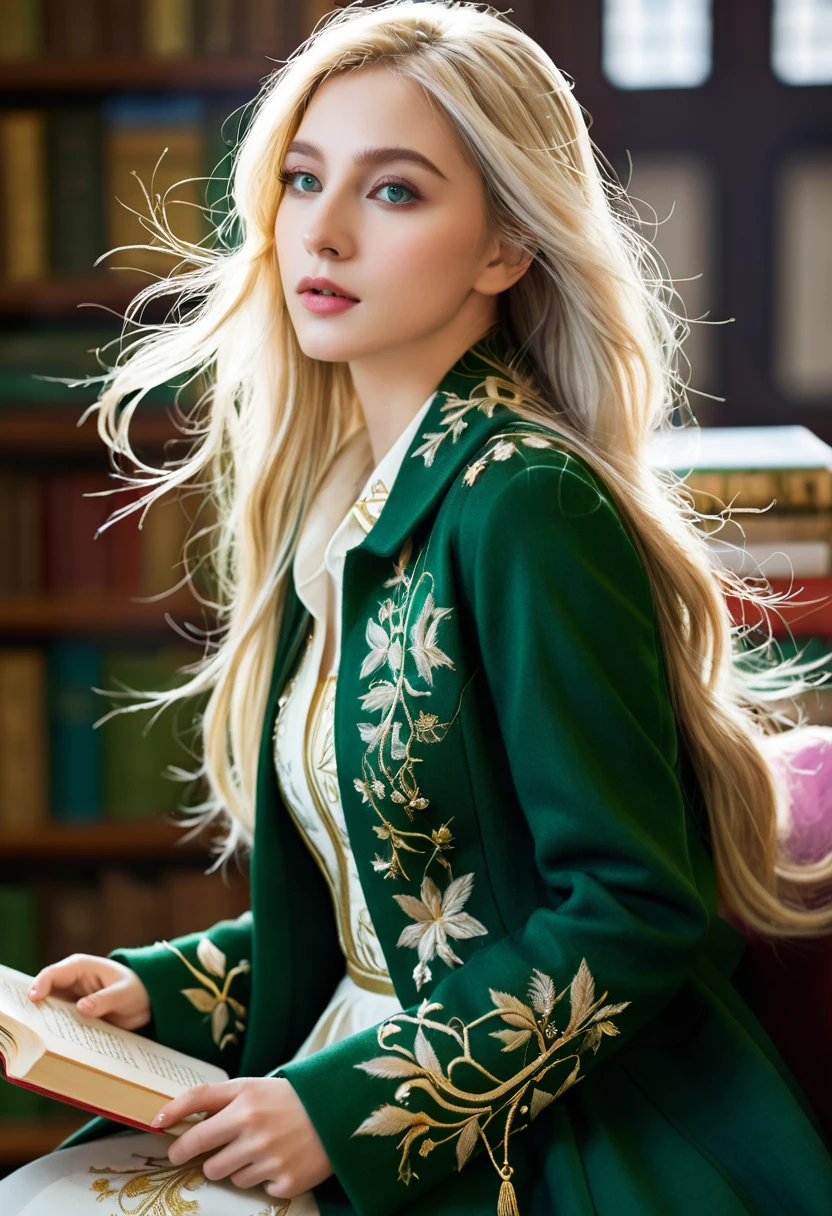 (((masterpiece, best quality, HD, High Detail)))), one, ((fantasy)))), (Elf Woman)))), (White and gold embroidered skirt), (Long straight blond hair), (Lustrous dark green eyes), (Green coat with gold embroidery), Large target, (((Royal Capital National Library)), (A lot of space，There are many books)), sitting in chair reading a book , Flying light particles