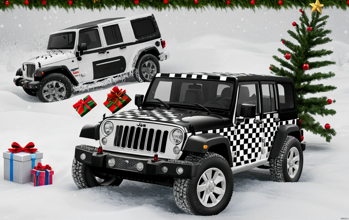 a black and white checkered jeep, gifts and a christmas tree on top, winter，detailed photo-realistic 3d render, highly detailed, hyperrealistic, 8k, HDR, studio lighting, dramatic lighting, vivid colors, cinematic, sharp focus, award winning photography, masterpiece