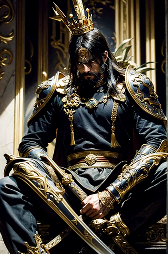 The adult man, The king of swords, king of warrior armor outfit, golden crown on his head, black beard, holding a king sword in his hands, sitting on the golden throne in the palace, His eyes were filled with determination, full body, optimistic, adventurous, cinematic lighting, dramatic skies, detailed facial features, detailed clothing, depth of field, photorealistic, highly detailed, 8k, masterpiece