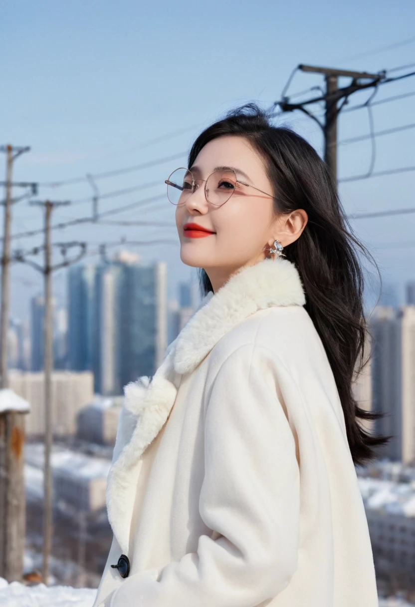 same,, 1 Girl, animal, animal on shoulder, bird, Black-rimmed glasses, black eyes, Black Hair, blue sky空, city View, clear sky空, coat, sky, earrings, Glasses Rack, Took off the glasses, fur coat, jacket, Jewelry, Long hair, looking off to the side, outdoor, Power lines, Red lips, sky空, Smile, snow, Solitary, sunglasses, white bird, white coat, 冬sky, 冬sky clothes, , ((masterpiece))
