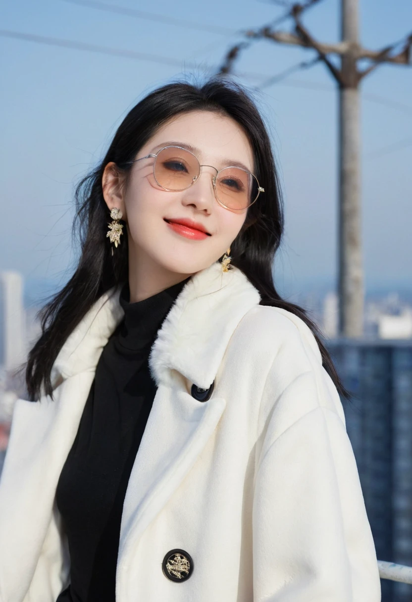 same,, 1 Girl, animal, animal on shoulder, bird, Black-rimmed glasses, black eyes, Black Hair, blue sky空, city View, clear sky空, coat, sky, earrings, Glasses Rack, Took off the glasses, fur coat, jacket, Jewelry, Long hair, looking off to the side, outdoor, Power lines, Red lips, sky空, Smile, snow, Solitary, sunglasses, white bird, white coat, 冬sky, 冬sky clothes, , ((masterpiece))