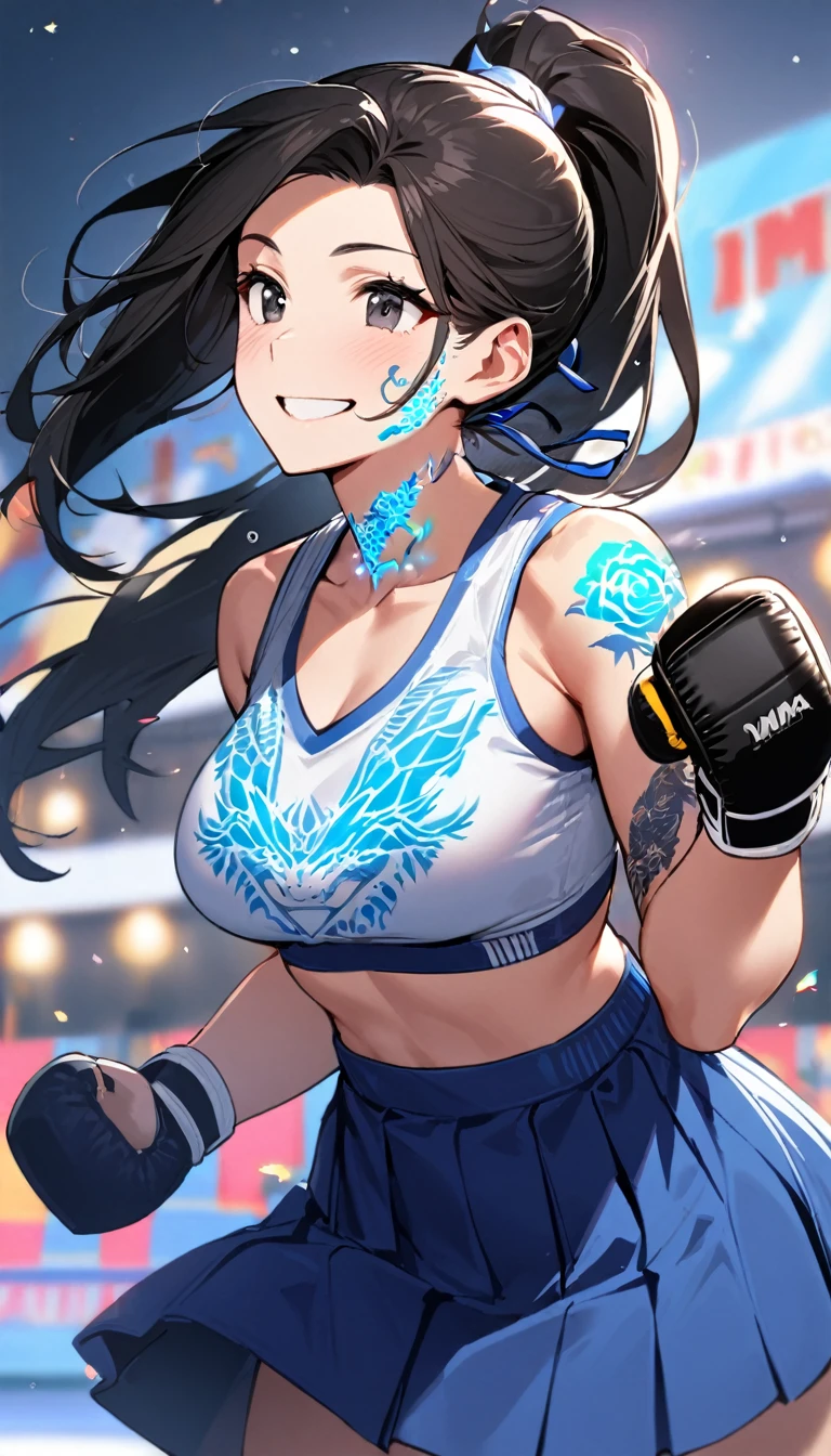 1girl,long face, tattoo on her face,matured , ponytail black hair,hair ribbons ,black eyes, ,blue skirt,joyful , standing,blue glowing dragon tattoos on her neck,glowing tattoo on her face,making a first, MMA gloves,perfect body,colourful beautiful school festival as the background,