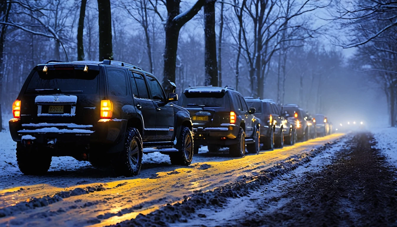a dense snowy forest in dark night, mud and dirt filled ground, 6 black suv cars parked in a straight line row without much gap, with bright glowing yellow head lights which is illuminating the ground in the front, twilight, thick large trees with snow in back ground, epic mid wide shot, highly detailed, perfect, beautiful, delicate, intricate, sharp focus,, majestic, innocent, artistic, fine detail, extremely aesthetic, glowing, attractive, pretty, confident, enhanced, handsome, background color, ambient, illuminated, cinematic, complex, deep, epic, stunning, creative, positive, loving